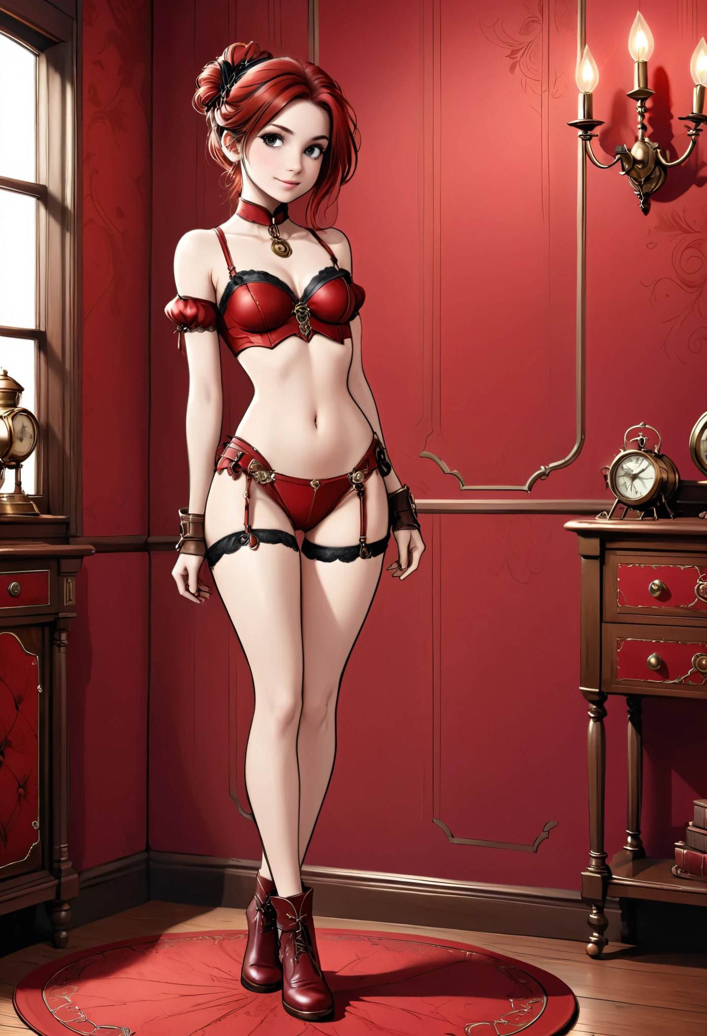 (Realistic:1.4), high quality, 8K Ultra HD, highly detailed, clean line art, detailed background, mix of bold dark lines and loose lines, whole body, full length picture of cute magical woman, the background is a detailed red bedroom in steampunk style, clean line digital illustration in anime style