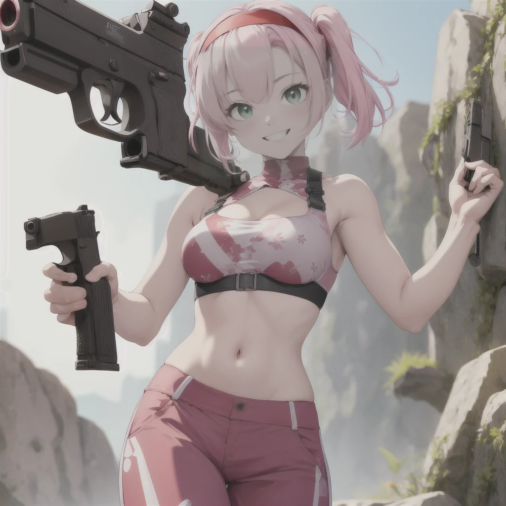 masterpiece, best quality, absurdres, guns akimbo, (looking at viewer:1.3), smile, holding, weapon, teeth, holding weapon, gun, leaning forward, parody, holding gun, handgun, dual wielding, wide-eyed, crazy eyes, crazy smile, haruno sakura, side bangs, forehead mark, red hairband, red sleeveless dress, white pants, navel, midriff, pink medium hair, green eyes