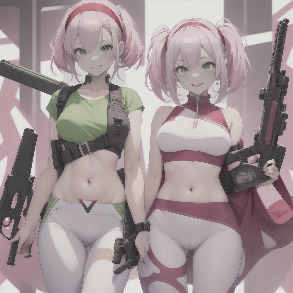 masterpiece, best quality, absurdres, guns akimbo, (looking at viewer:1.3), smile, holding, weapon, teeth, holding weapon, gun, leaning forward, parody, holding gun, handgun, dual wielding, wide-eyed, crazy eyes, crazy smile, haruno sakura, side bangs, forehead mark, red hairband, red sleeveless dress, white pants, navel, midriff, pink medium hair, green eyes