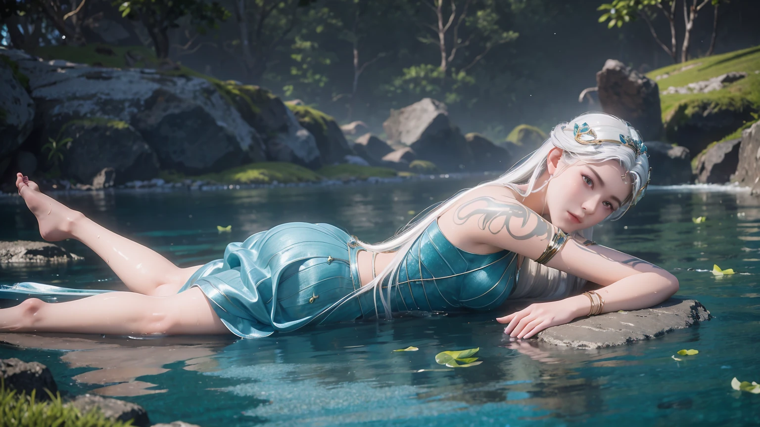 A girl lying on the bed under the stars, delicate smile, beautiful delicate eyes, beautiful delicate lips, extremely delicate face and eyes, long eyelashes, sexy body, flowing hair, best picture quality, famous works, ultra high resolution, (realistic :1.4), RAW photos, (Beautiful face :1.2), (Lying on the water :1.5), 1 girl, (surreal), (8K), (4K), physical rendering, starry sky, ((full body shot)), barefoot, cross-legged, wearing a dress, long skirt，White hair，Turquoise clothes，barefoot，Turquoise nails，whole body