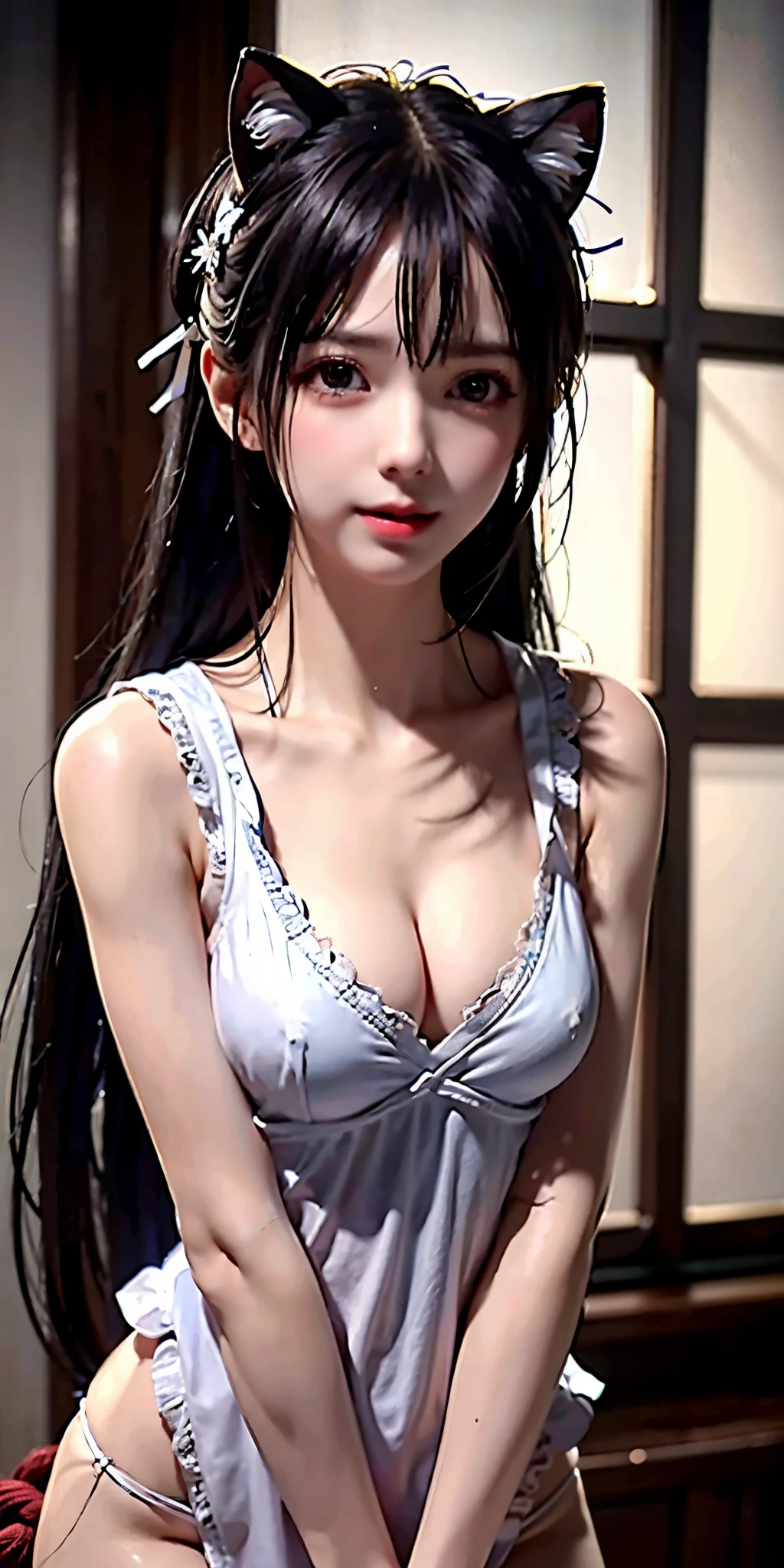 Silver hair, cat ears, Black dress, Brunette Girl, big Smile, Super beautiful sparkling eyes、Girl hanging from ceiling with arms tied with rough rope、Sweat、The rope bound her body、Wet body、Rough rope digging into crotch、A large amount of liquid flows out from the groin、One leg is suspended above by a rough rope、Tied up with rope、Tightly bound、My hands are tied、Feet dangling from  (8k, Live Shooting, Highest quality, masterpiece: 1.4), Ultra-fine mesh, (Realism, Photorealistic: 1.48), masterpiece、最high quality、Super detailed、8k、Detailed light、Detailed Shadows、Raw、(Detailed skin)、(Realism: 1.2)、18 years old、Long Hair、White lace 、In the torrential rain, masterpiece, 最high quality, Ultra-high resolution, (Realistic:1.4), Beautiful face in every detail, high qualityの衣類, Amazing European Women, Wearing a white tank top, very cute, Portraiture, 肌が柔らかくてPerfect Face、Perfect Face, Shoot your hair, 8K resolution,Super Realistic,Very detailed,high quality, (Small breasts:1.5), Broad perspective,