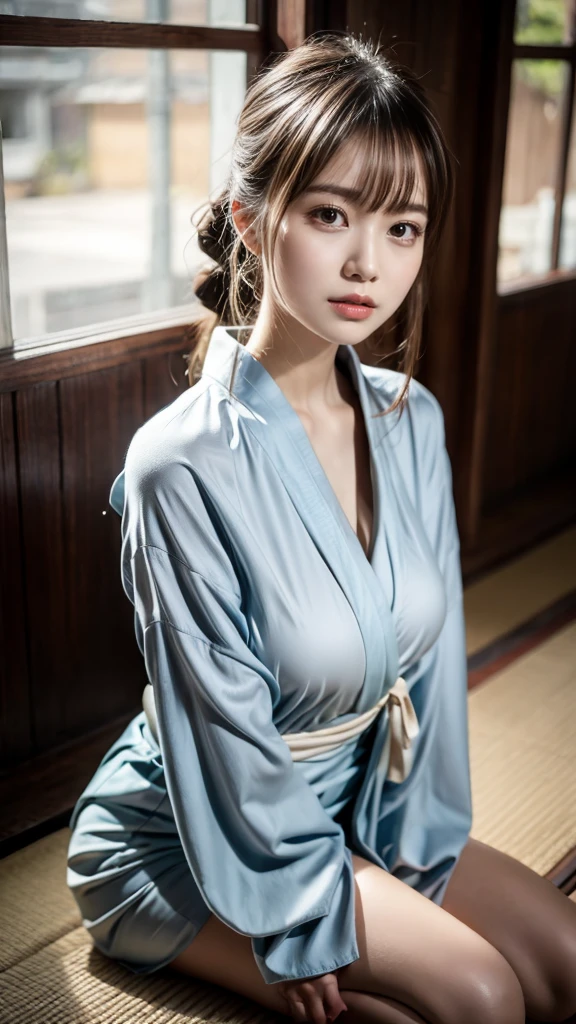 masterpiece, Best Quality, 8K, 20 yo, huge breasts, cuddly, Solo, sad, Cute, Girly, Delicate girl, Neat and clean beauty,  Raw photo, Professional Photography, Portrait, full body, front view, perfect body shape, Sophisticated, Film grain, (Eyes and faces with detailed:1.0), ponytail, short length floating hair, beautiful flowing hair, bangs, Kimono Wrap Shirt