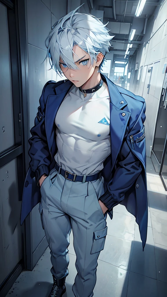 (masterpiece) 17yo's young Guy, slender Guy, blueish white hair, hair cover one eye, spiked hairstyle, (blue eyes:1.5), serious face, jacket, , Full body, Waist chains, BLUE pants , hand Frozen solid, Ice background, breathing ice