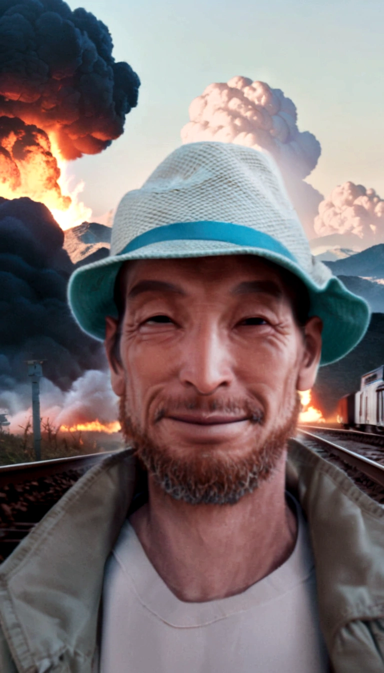 A guy in a hat and jacket stands in front of the railway tracks, avatar image, headshot profile pictureture, avatar, burning scene in the background, explosion in the background, profile picture, in front of the smoke behind, explosion in the background, profile pictureture 1024px, before a nuclear explosion, profile pictureture