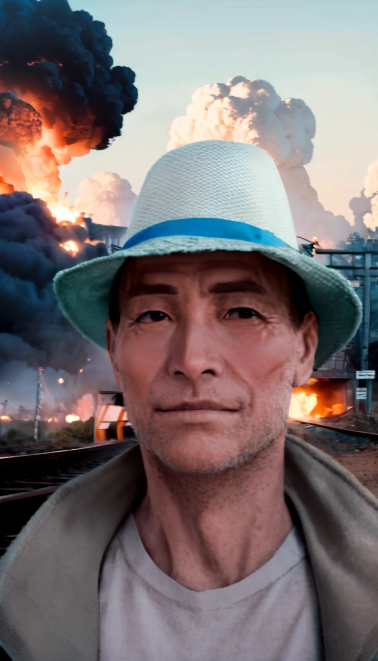 A guy in a hat and jacket stands in front of the railway tracks, avatar image, headshot profile pictureture, avatar, burning scene in the background, explosion in the background, profile picture, in front of the smoke behind, explosion in the background, profile pictureture 1024px, before a nuclear explosion, profile pictureture