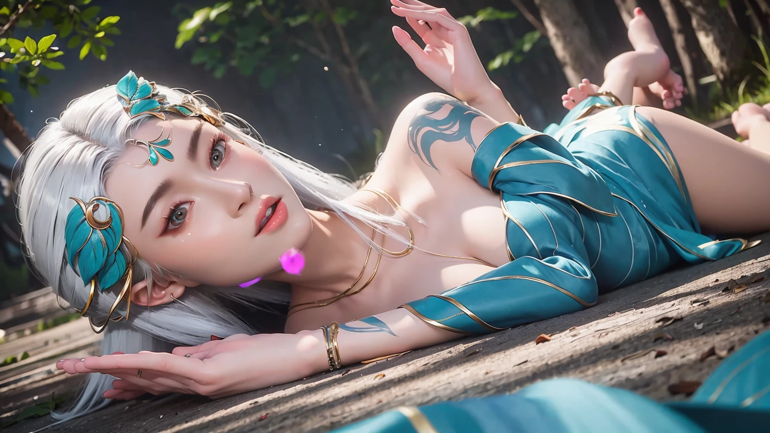 a beautiful young woman with long hair, wearing a nightgown, sitting on a bed, barefoot, in a dress, lying on her side, cross-legged, full body shot, (best quality,4K,8K,highres,masterpiece:1.2),ultra-detailed,(realistic,photorealistic,photo-realistic:1.37),beautiful detailed eyes,beautiful detailed lips,extremely detailed eyes and face,longeyelashes,natural lighting,warm tones,soft focus,portraits,clair obscur,depth of field，White hair，Turquoise clothes，barefoot，Turquoise nails，whole body