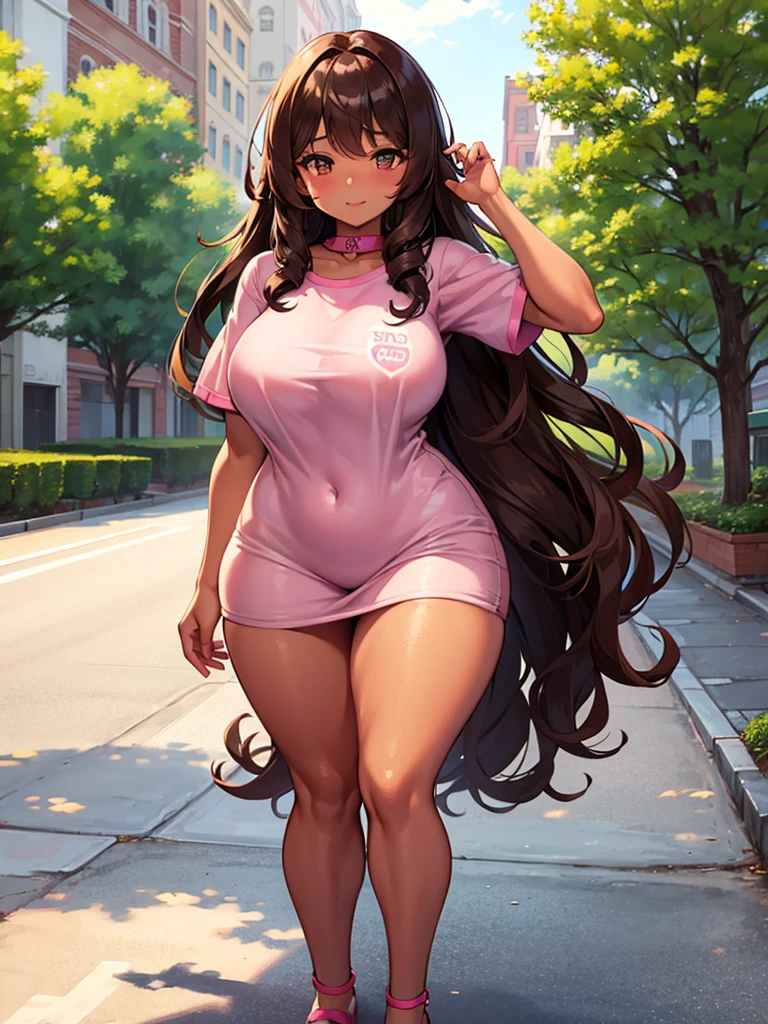 1 girl, Short, thick and curvy, brown skin, long curly brown hair with bangs, brown eyes, coquette style with pink.