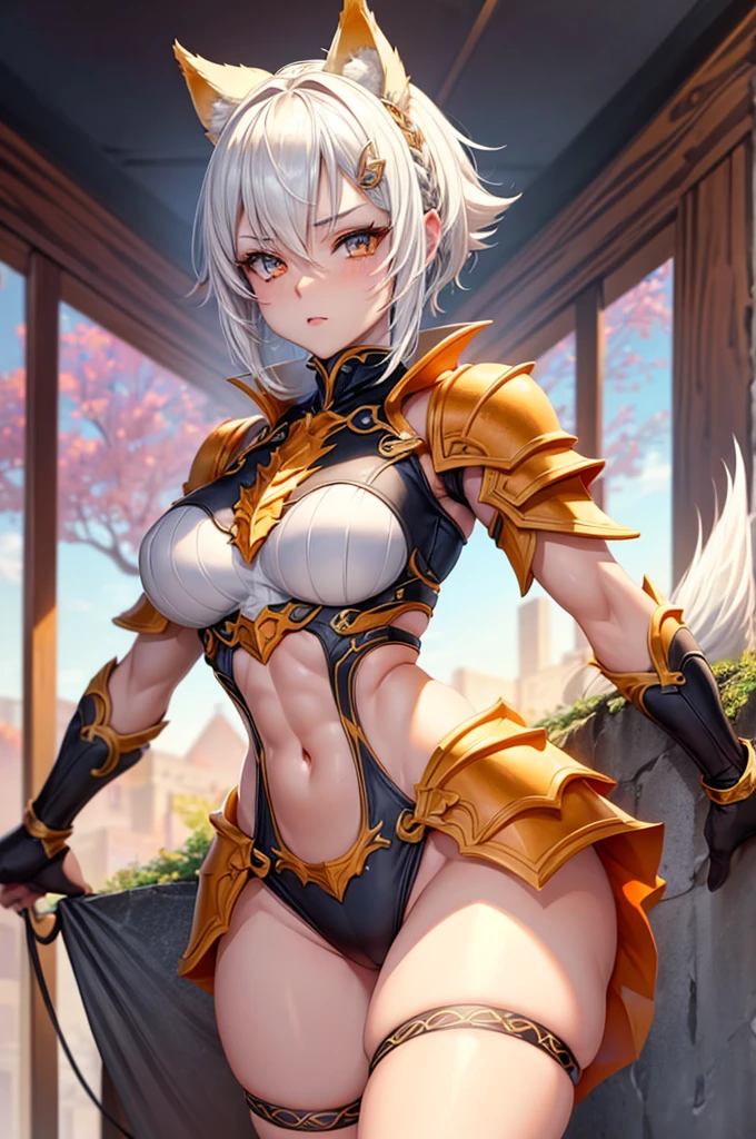 beautiful woman with short white hair, orange inferno eyes, wolf ears and a braided ponytail. She is wearing a revealing, , fantasy knight armor with legplates. Her body is muscular and she is incredibly . Her eyes are orange. She has strong, muscular arms and thick thighs. Wide .