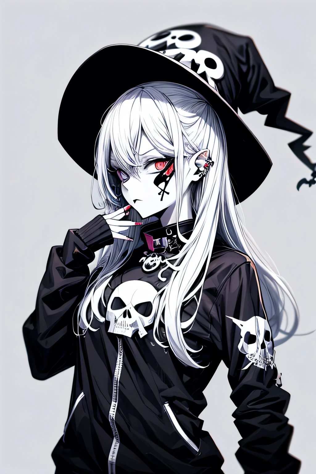 Anime Zombie Witch Design, Crossbones, skull, Streetwear-Design, Pro-Vector, Horror-Stil, Complete design, Only 6 colors, solid colors, no shadows, Complete design, sticker, bright colors, White background.