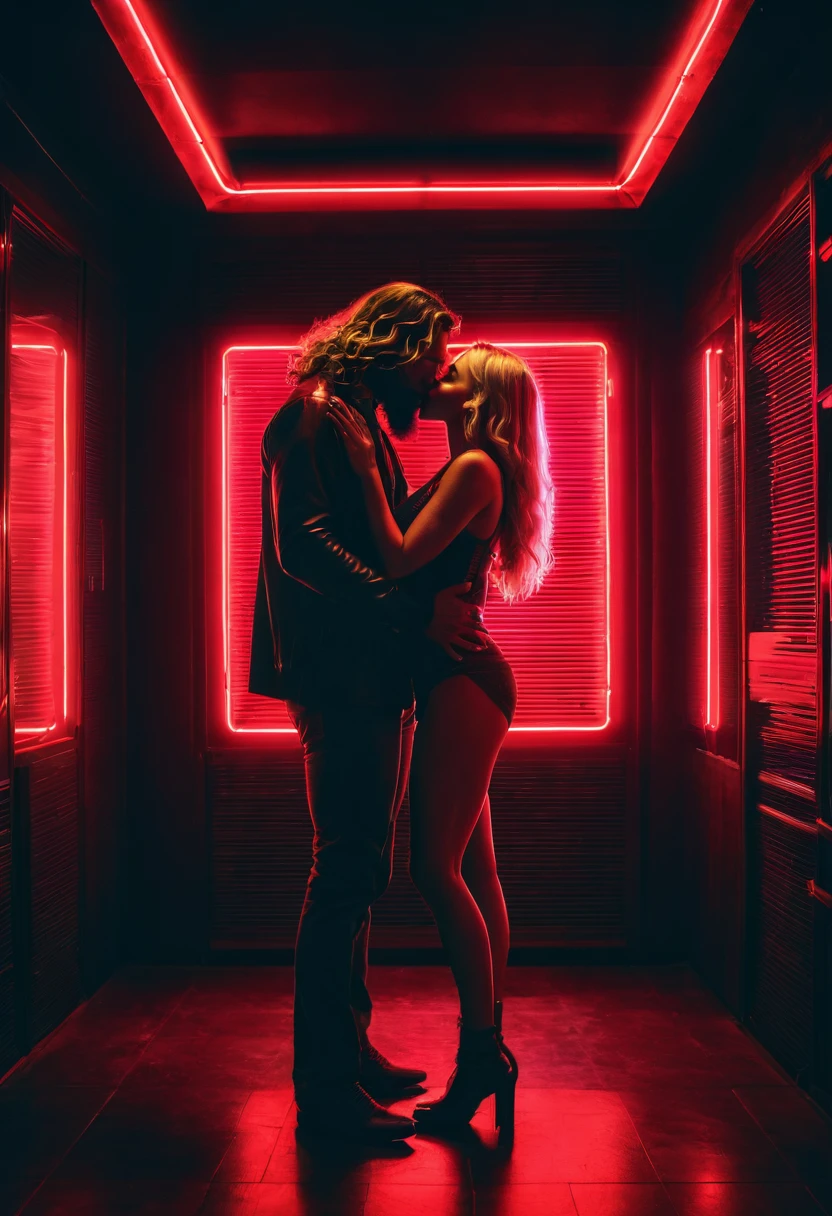 image: full body photo 9:16 with 25mm lens and ambient red filter: dark room with red neon lights.
action: couple kissing. 
characters: Tall Man, latino, long wavy hair, Without beard. Blonde woman of medium height, white and red skin. 