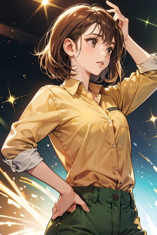 she has short, brown hair and hazel eyes. sHe wears a simple salmon button-up shirt and green pants. SPARKLE; GLITTER