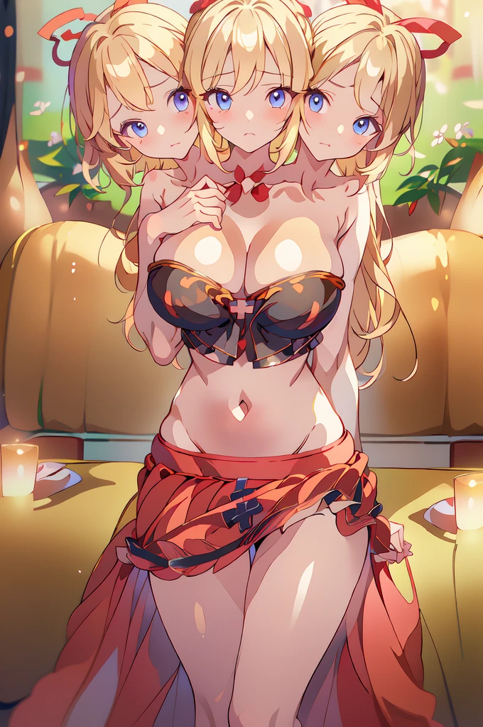 (masterpiece, best quality), best quality, best resolution, (ultra-detailed), (3heads:1.5), 1girl, (medicine melancholy:1.3), masterpiece, best quality, ultra quality, ultra resolution, ultra detail, black top, crop top, ((stomach)), midriff, ((groin)), red skirt, normal ears, shackles, blonde hair, very long hair, wavy hair, sidelocks, blue eyes, parted lips, sweat, cute, open belly, toned belly, hand on own chest, eyelashes, (23 year old woman:1.3), (masterpiece:1.5), (best quality:1.5), (beautiful detailed extremely detailed CG, extremely delicate and beautiful, depth of field, (finely detailed face), (perfect details:1.3), (mature female:1.3), wide pelvis, slender, large veiny breast, 16k resolution, highres, high quality, high definition, extremely detailed, masterpiece, blonde hair, long hair, alluring presence, braid, short skirt, close up, very big tits, huge tits, young, red ribbon,
