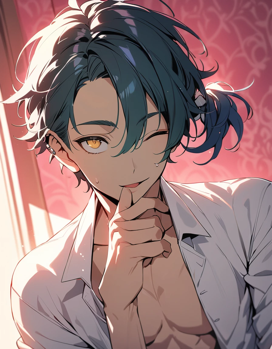 ((((best masterpiece, best quality, wallpaper,)))) solo, guy, male body, small muscles, flat chest, 1male, 30 years old, handsome man, dramatic angle, upper body, looking at viewers, beautiful detailed, finger to mouth, mediumturquoise hair, ((((Lower short ponytail)))), asymmetrical bangs, ((short hair,)) seductive smile, ((( one eye closed, gold eyes,))) (((^o^, tareme, droopy eyes,))) perfect face, sharp nose, seductive smile, clear face, open shirt, ((silver piercing, )) leggings, lighting back, backlighting, pink background color ultrasharp, 8K, masterpiece,
