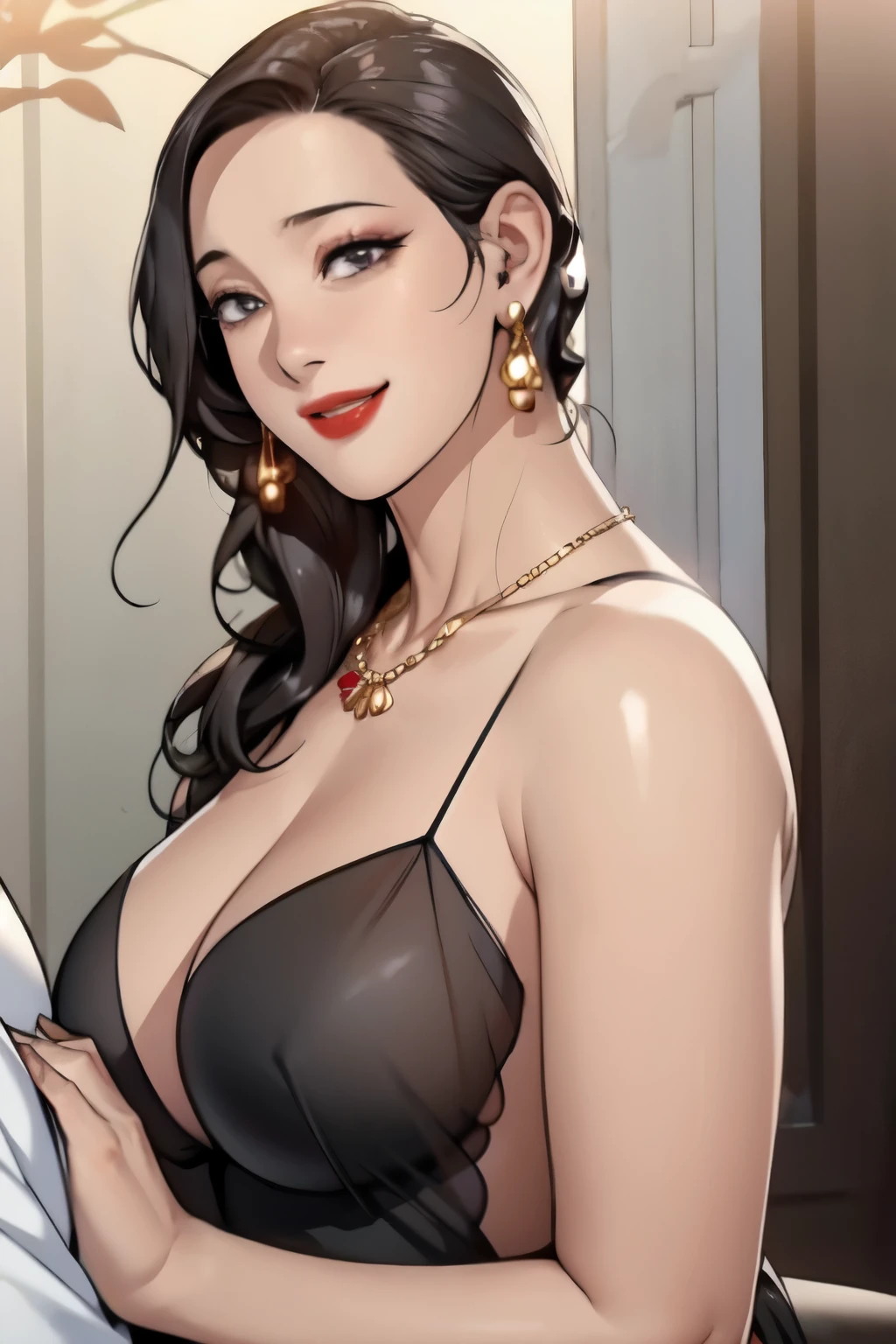 mrs_ahn hugging with old man, 1girl 1 boy, red lips, lipstick,huge breasts,black , necklace,drop dangle earrings,black hair,blunt long hair, smiling expression, see through dress, detailed eyes