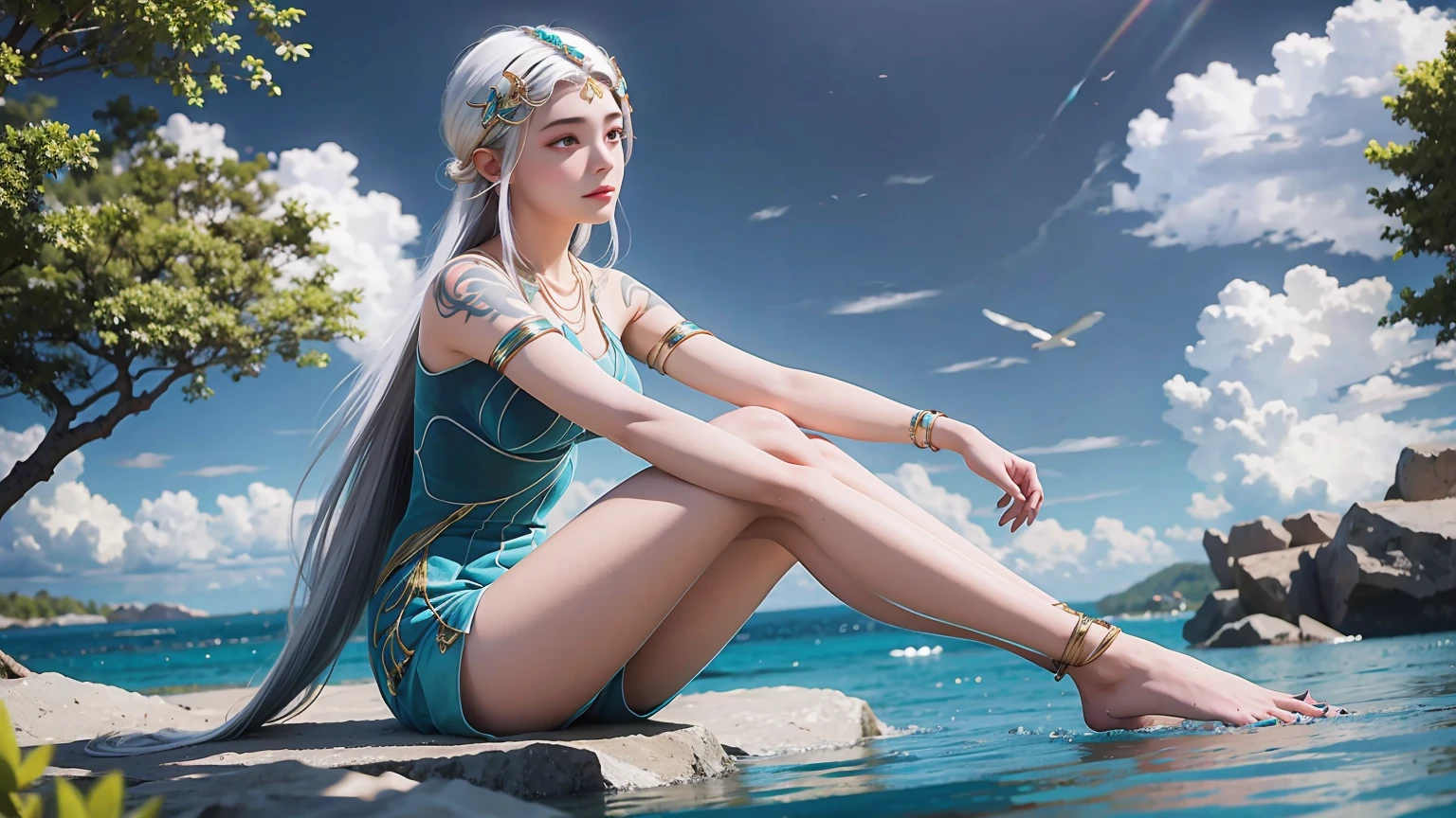 A girl sits on the water with her legs crossed，M Cross-legged，Sitting cross-legged on the water，Legs outward，White hair，Turquoise clothes，barefoot，Turquoise nails，whole body