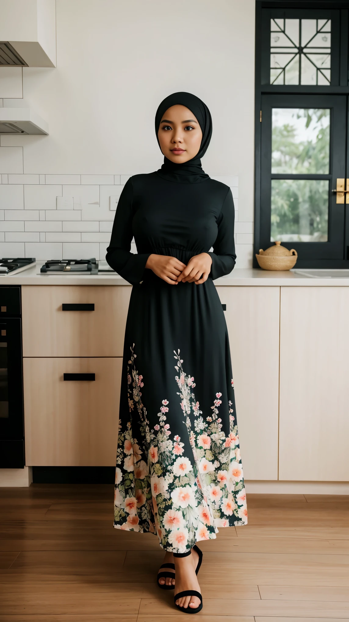 Wide shot of (abbie_cornish:0.6) indonesian girl wearing a hijab, casual shirt, casual dress, long skirt, sandals, in a kitchen,face incredibly detailed, lips, realistic skin, solo,medium breasts,skin tight, puffy ,facial, masterpiece,best quality, Intricate, High Detail, dramatic, front view, wide view,RAW, Best quality, high resolution, masterpiece: 1.3), beautiful Indonesian woman in hijab, perfect hijab, Masterpiece, perfect fit body, big breast,big gorgeous eyes, Soft smile,beautiful face,thick thighs, woman in a black and white floral dress standing in front of a green door, modest flowing gown, beautiful soft silky dress, beautiful silky dress, beautiful detailed dress, stylish dress, swirly flower dress, wearing a long flowery dress, full covered dress, delicate patterned, long dress female, frock, flowery dress, baroque dress, lady with glowing flowers dress , (Delicate turtleneck) , Excellent lighting, Bright colors, Clean lines,