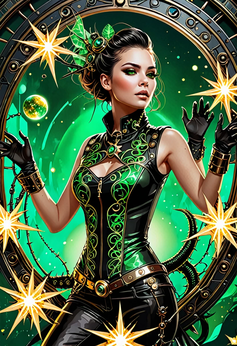 high quality, steampunk, Nanopunk, touch, neon, hardcore, emerald black and gold star background, inyan, steel, thorns, planets, fissure, double exposure, unique, young woman, scull, Cats, iguana, broken, neonовые глаза, language, fangs, camellias, фрактал smokeа, portal, division, smoke, Couple, fragments, recursion, Furious Fire, spraying, short hair, Vector graphics, excessive detail, filigree pattern, metamorphosis, detailed drawing, 64k, ISO 1500