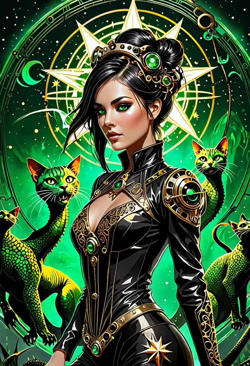 high quality, steampunk, Nanopunk, touch, neon, hardcore, emerald black and gold star background, inyan, steel, thorns, planets, fissure, double exposure, unique, young woman, scull, Cats, iguana, broken, neonовые глаза, language, fangs, camellias, фрактал smokeа, portal, division, smoke, Couple, fragments, recursion, Furious Fire, spraying, short hair, Vector graphics, excessive detail, filigree pattern, metamorphosis, detailed drawing, 64k, ISO 1500