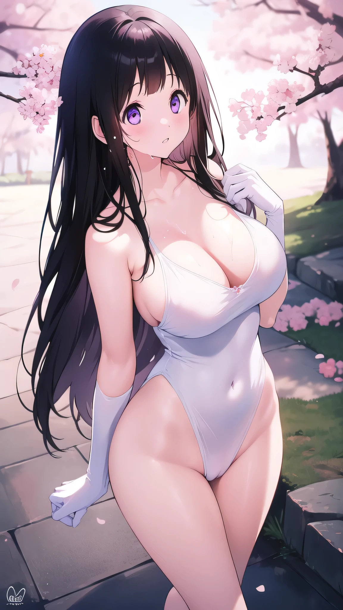 Amazing Chitanda, There is only one beautiful girl,Purple Eyes, Black Hair, Very red face,Very white skin,Glowing skin,Skin as delicate as porcelain,Naturally straight hair, Straight bangs,Extremely refined,Open lips,Long flowing hair,Beautiful Girl, Like a dream,Slim,Slim waist,soft, (sensuous), (Kawaii), Dream quality,Beautiful big breasts,Transparent loose school uniform,areola,Completely naked,Lower edge of breast,White gloves,Flower decoration,Deep V neckline,Loose neckline,Wide neckline,Walking in school,Place your hands on your inner thighs,Thighs clamp hands,Wet skin,Sweaty and sweaty,Sweating all over,Underwear Rain,Next to the cherry blossom trees,Back to,Lean over,Hips,Side body,Gluteal groove,Completely naked buttocks,Bare back,Completely naked back,Light transmission,(no pants),nopan,pussy juice,Bare shoulders,Bare neck,Exposed collarbone,Exposing breasts,Exposing breasts side,Exposing breasts,Show your waist,Show your buttocks,Show your thighs,Exposing the groin,(No pants),extremely shy,Ultra-high resolution, (masterpiece:1.2, best quality), (Delicate and beautiful eyes: 1.2), (Beautiful and delicate face)