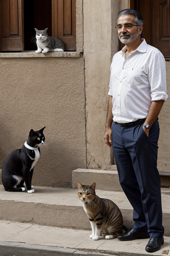 Philosopher Miguel León Portilla posing with a cat