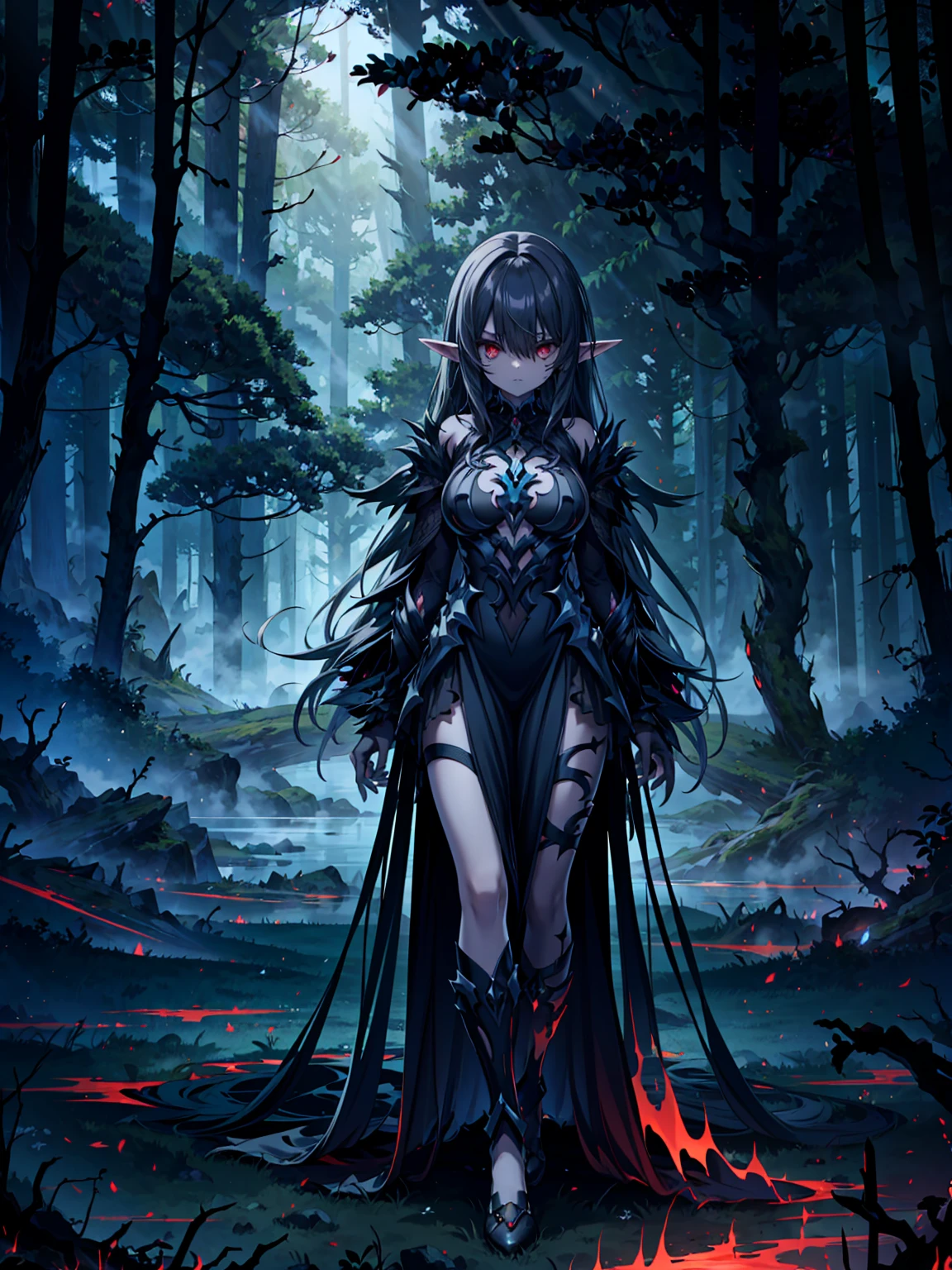 A stunning artwork of a fierce demonic elf standing in a cursed forest. The full-body view showcases her in dark armor, exuding an aura of malevolent grace and unyielding power. Her long, flowing dark gray hair frames a face of eerie beauty, highlighted by red eyes that glow with otherworldly menace. She holds a cursed sword, intricately designed and radiating dark energy, adding to her formidable presence. The scenery around her is a twisted, shadowy forest with gnarled trees and glowing red eyes peering from the darkness. Mist and sinister shadows enhance the ominous atmosphere, creating a scene of haunting dread.