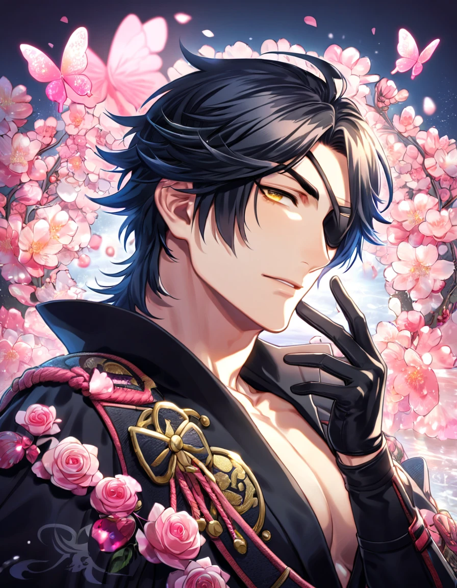 absurdres, highres, ultra detailed, HDR, master piece, best quality, Mitsutada Shokudaikiri, black hair, expressive yellow eyes, Touken Ranbu, solo, sexy man, handsome, black clothes, black eye patch, black gloves, fantasy, shining, water, pink flowers, pink blossoms, pink butterflies, pink petals