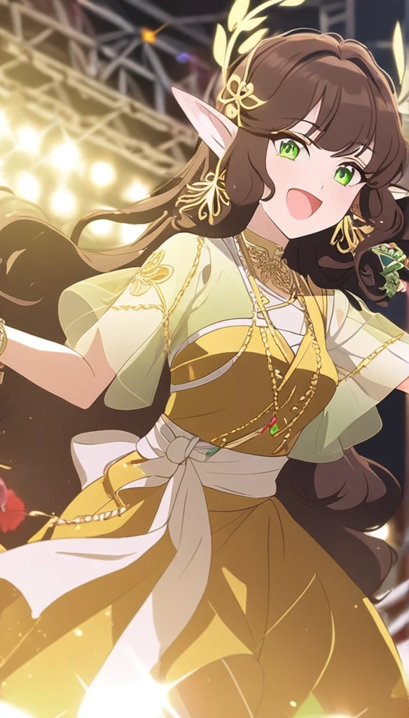 1femboy, elven ears, symphony god, sweet brown hair, long curly hairstyle, glowing green eyes, concert, idol, elegant thai clothes,