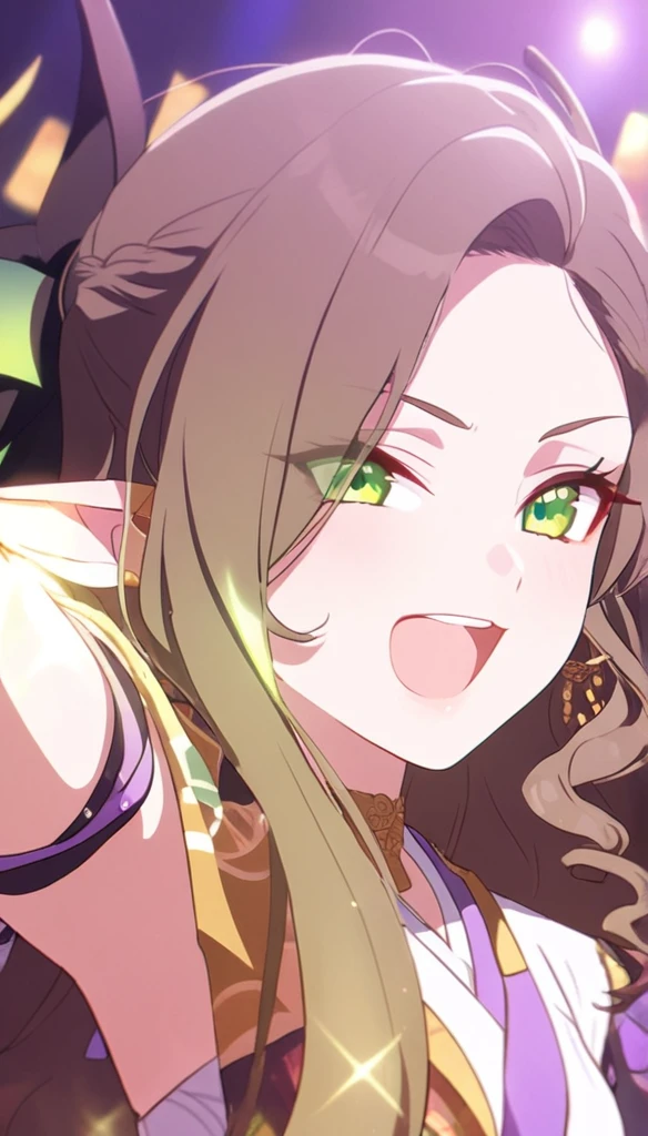 1femboy, elven ears, symphony god, sweet brown hair, long curly hairstyle, glowing green eyes, concert, idol, elegant thai clothes,