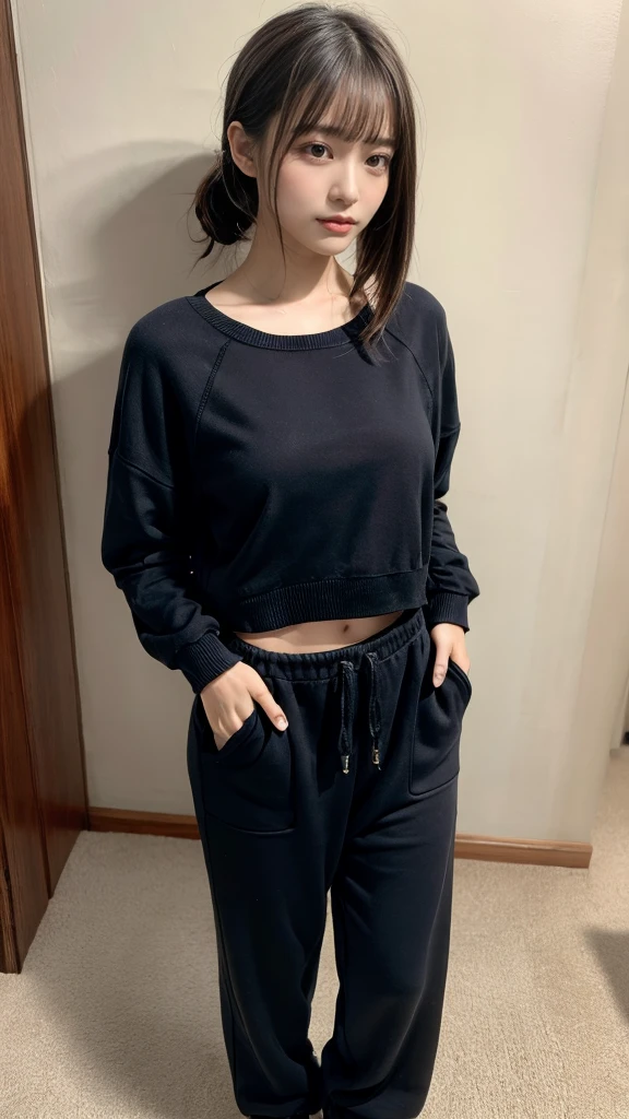masterpiece, Best Quality, 8K, 20 yo, huge breasts, cuddly, Solo, sad, Cute, Girly, Delicate girl, Neat and clean beauty, Raw photo, Professional Photography, Portrait, full body, front view, perfect body shape, Sophisticated, Film grain, (Eyes and faces with detailed:1.0), ponytail, short length floating hair, beautiful flowing hair, bangs, Oversized Sweatpants