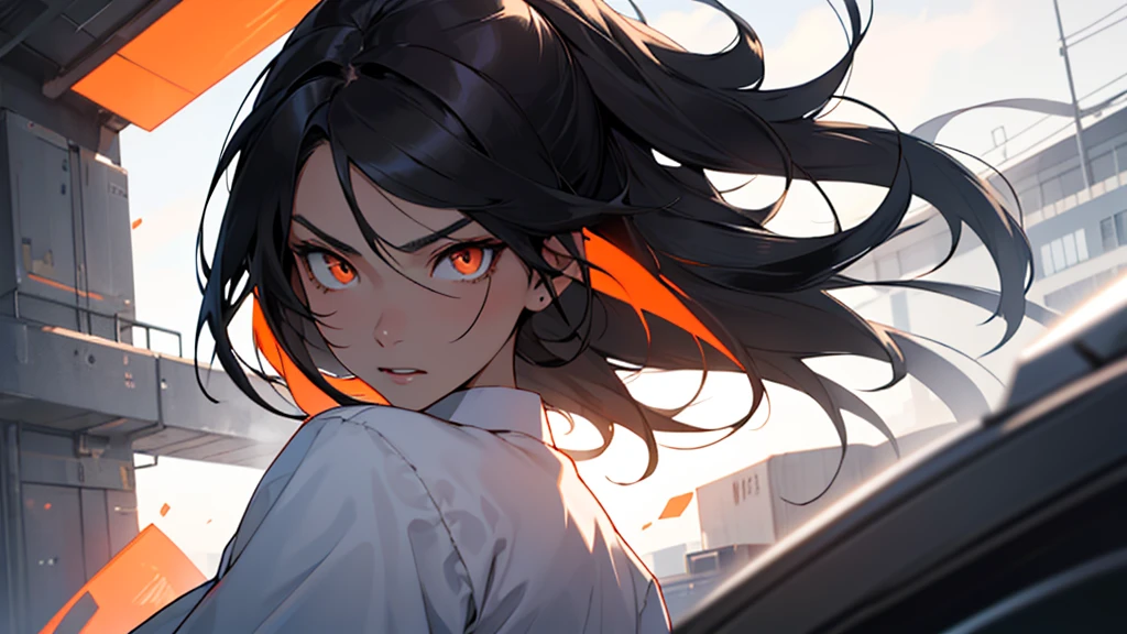 Girl with orange eyes and black hair looking to the side. She has long black hair . She has orange eyes、Has a serious expression。.