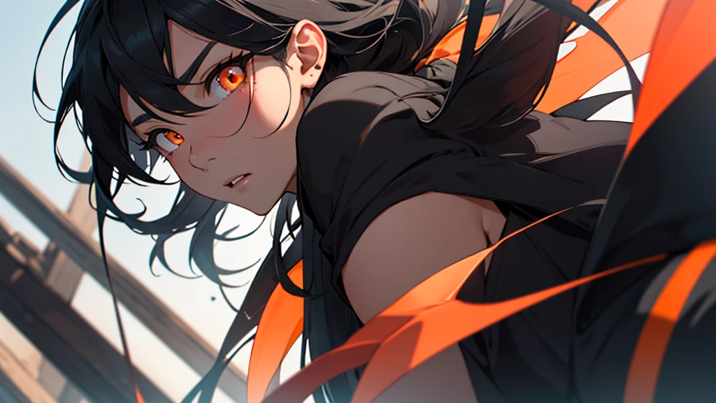 Girl with orange eyes and black hair looking to the side. She has long black hair . She has orange eyes、Has a serious expression。.