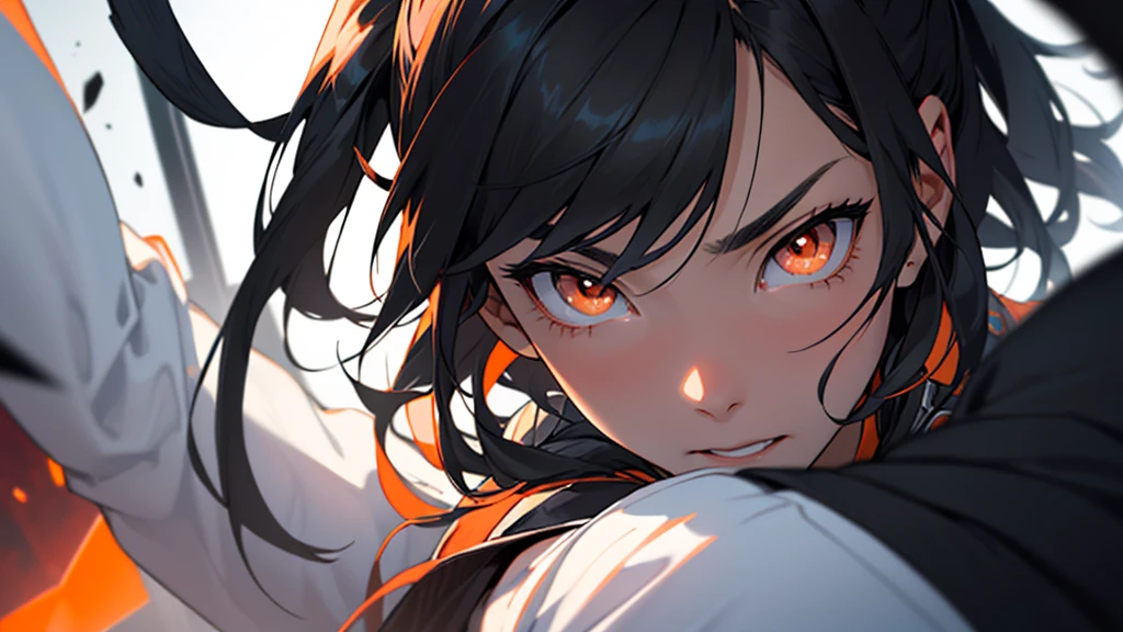 Girl with orange eyes and black hair looking to the side. She has long black hair . She has orange eyes、Has a serious expression。.