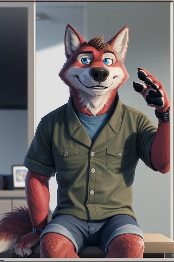 Ivan Fedorovich Wolfbach (Novosibirsk) ,tall handsome, wolf,young, 24 years, brown fur,Kind,(red body:1.3),beautiful blue eyes,Novosibirsk,dressed, plaid shirt, jeans,hair,bang,canine, wolf, detailed fur, male, second, paw pads, finger claws,At the viewer, 5 fingers, paws, 5 fingers, smile, wrist watch, т nextel,by xenoforge, (difficult, high detail, digital photography, soft focus, RAW,goes for a walk, ,Very close to the camera, variety,Novosibirsk, smile, good mood, positive, Very close to the camera, plaid shirt, At the hairdresser, without hair, covered,
Photorealism, realistic, photorealistic, digital style, Subsurface scattering,I look at the viewer,is sitting, looks at the mirror, men's cosmetics, perfume perfumery, plaid shirt, cuts his hair,
masterpiece, Best quality, ultra realistic, 8 thousand.)