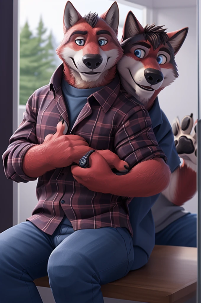 Ivan Fedorovich Wolfbach (Novosibirsk) ,tall handsome, wolf,young, 24 years, brown fur,Kind,(red body:1.3),beautiful blue eyes,Novosibirsk,dressed, plaid shirt, jeans,hair,bang,canine, wolf, detailed fur, male, second, paw pads, finger claws,At the viewer, 5 fingers, paws, 5 fingers, smile, wrist watch, т nextel,by xenoforge, (difficult, high detail, digital photography, soft focus, RAW,goes for a walk, ,Very close to the camera, variety,Novosibirsk, smile, good mood, positive, Very close to the camera, plaid shirt, At the hairdresser, without hair, covered, 
Photorealism, realistic, photorealistic, digital style, Subsurface scattering,I look at the viewer,is sitting, looks at the mirror, men's cosmetics, perfume perfumery, plaid shirt, cuts his hair, 
masterpiece, Best quality, ultra realistic, 8 thousand.)