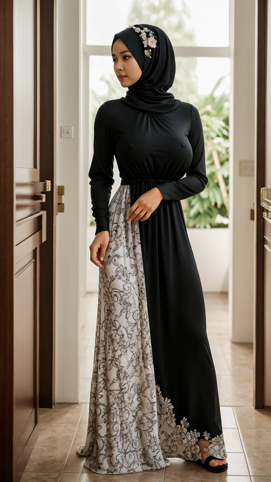 Wide shot of (abbie_cornish:0.6) indonesian girl wearing a hijab, casual shirt, casual dress, long skirt, sandals, in a kitchen,face incredibly detailed, lips, realistic skin, solo,medium breasts,skin tight, puffy ,facial, masterpiece,best quality, Intricate, High Detail, dramatic, front view, wide view,RAW, Best quality, high resolution, masterpiece: 1.3), beautiful Indonesian woman in hijab, perfect hijab, Masterpiece, perfect fit body, big breast,big gorgeous eyes, Soft smile,beautiful face,thick thighs, woman in a black and white floral dress standing in front of a green door, modest flowing gown, beautiful soft silky dress, beautiful silky dress, beautiful detailed dress, stylish dress, swirly flower dress, wearing a long flowery dress, full covered dress, delicate patterned, long dress female, frock, flowery dress, baroque dress, lady with glowing flowers dress , (Delicate turtleneck) , Excellent lighting, Bright colors, Clean lines,