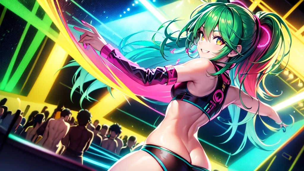 anime girl,club, 2 piece neon blue , headphones,night beach party,dancing,smiling,(best quality:1.2),(ultra-detailed:1.2),(realistic:1.37),HDR,vivid colors,portraits,headphone girl,energetic pose,colorful lights,stage set,joyful expression ,anime style, atmosphere,techno music,electronic dance music,festival vibes,hip hop beats,festival outfit,expressive eyes,long hairstyle with vibrant green and red color hair, gold eyes, elaborate makeup neon lights,beaming smile,positive vibes,high-energy performance,stylized backgrounds,colorful visuals,excitement in the air, mid body portrait, back turned 