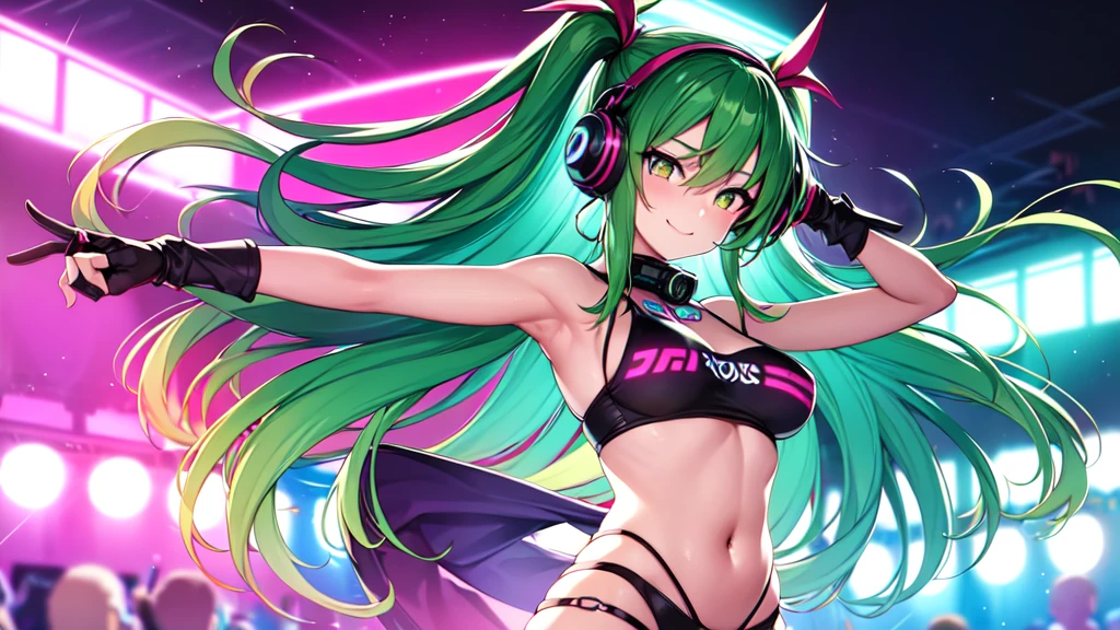 anime girl,club, 2 piece neon blue bikini, headphones,night beach party,dancing,smiling,(best quality:1.2),(ultra-detailed:1.2),(realistic:1.37),HDR,vivid colors,portraits,headphone girl,energetic pose,colorful lights,stage set,joyful expression ,anime style, atmosphere,techno music,electronic dance music,festival vibes,hip hop beats,festival outfit,expressive eyes,long hairstyle with vibrant green and red color hair, gold eyes, elaborate makeup neon lights,beaming smile,positive vibes,high-energy performance,stylized backgrounds,colorful visuals,excitement in the air, mid body portrait, back turned 