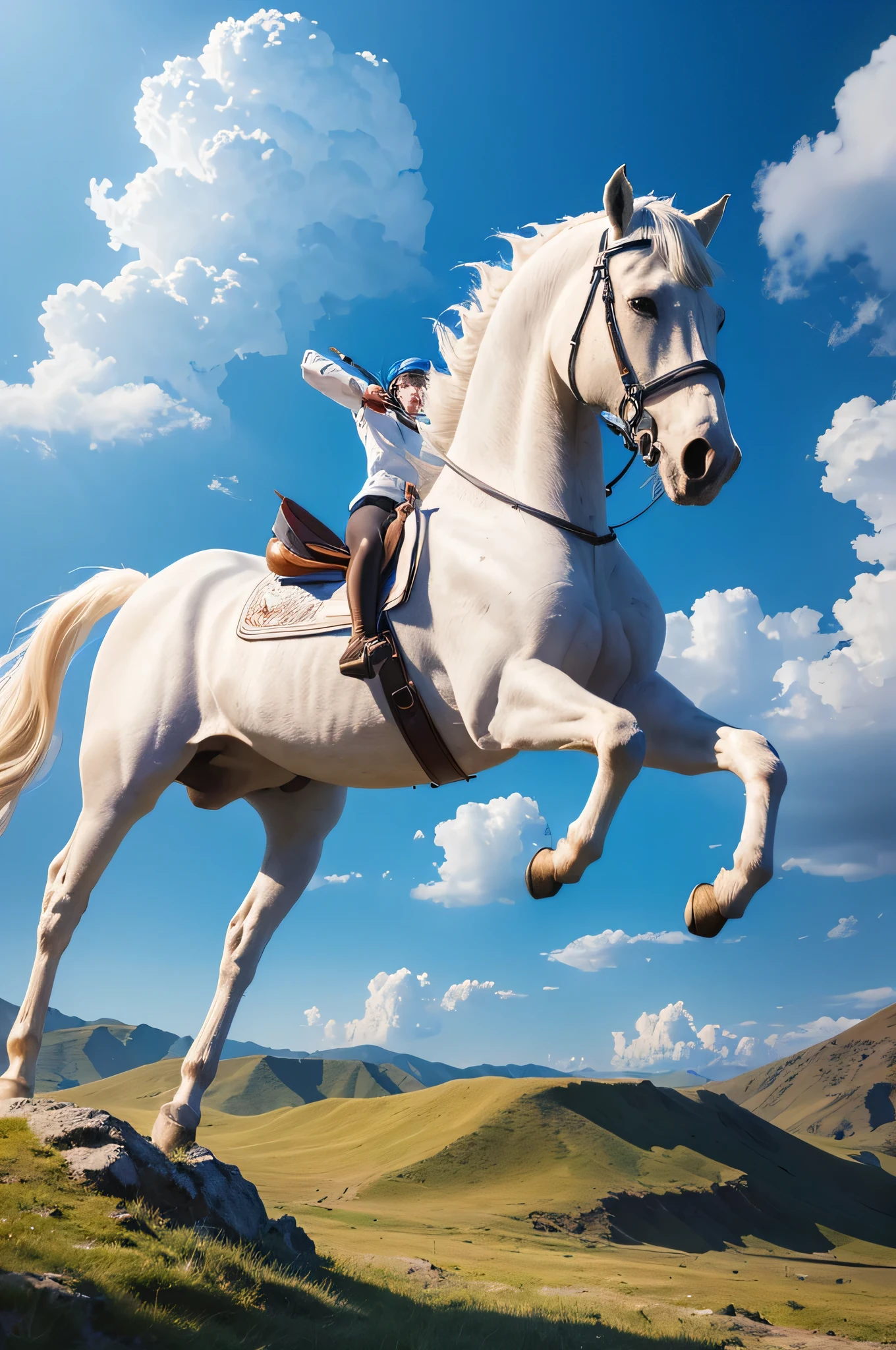 (masterpiece, 最high quality, high quality, High resolution:1.4), detailed,Soft indirect lighting, 4K,blue sky,Mongolia,White horse and ,Anime Style