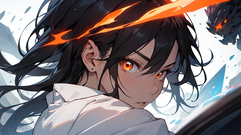 Girl with orange eyes and black hair looking to the side. She has long black hair . She has orange eyes、Has a serious expression。.
