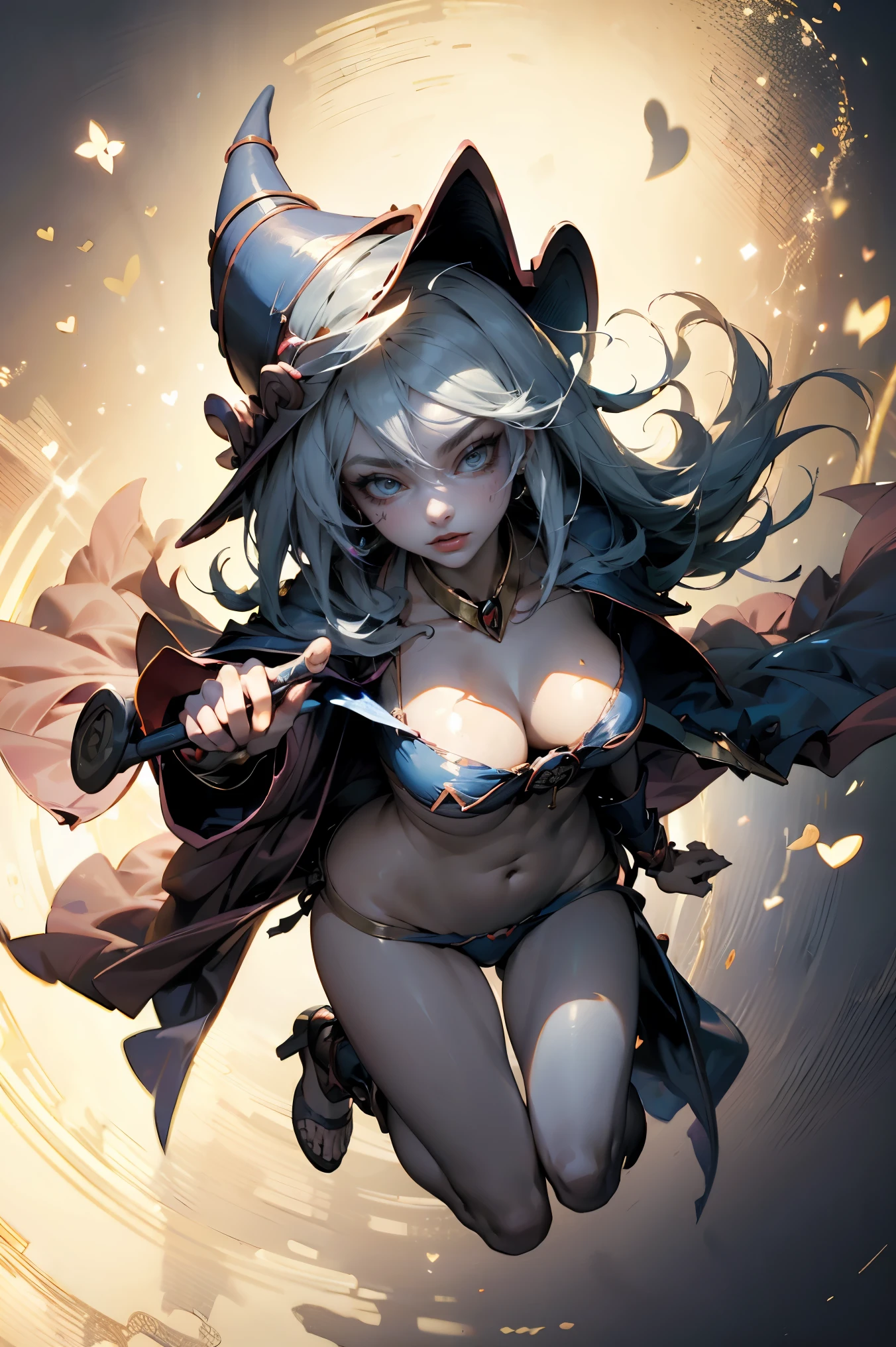(Masterpiece:1.2), (The best quality:1.2), perfect lighting, Dark Magician Girl casting a spell, floating in the air, big tits, neckline, magic background.  hearts in the air, blue robe, big hat, From above, sparkles, Yugioh Card in the background. In heels and a bikini 