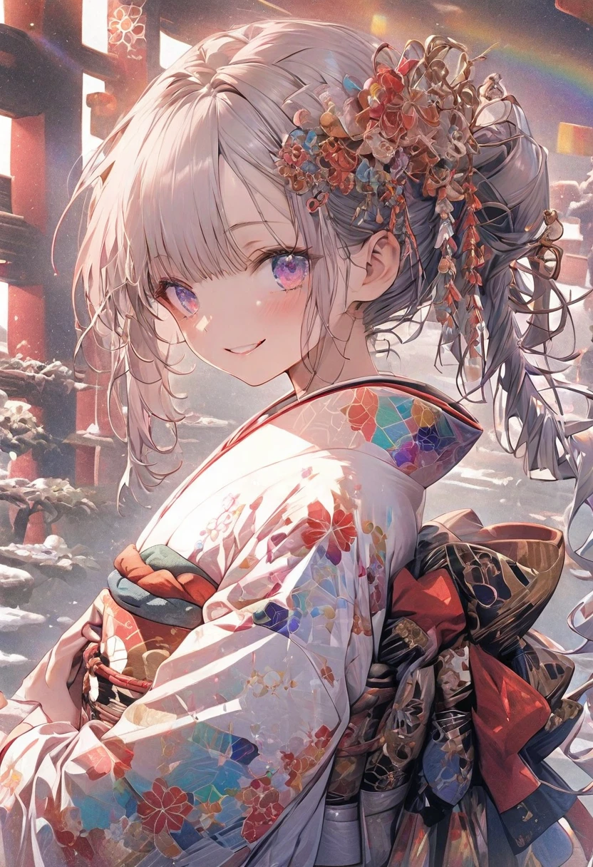 masterpiece、Rainbow Hair、Delicate eyes、smile、Delicate eyes、Hair tied up、Beautiful hair ornaments、kimono、whole body、Japanese geometric pattern background