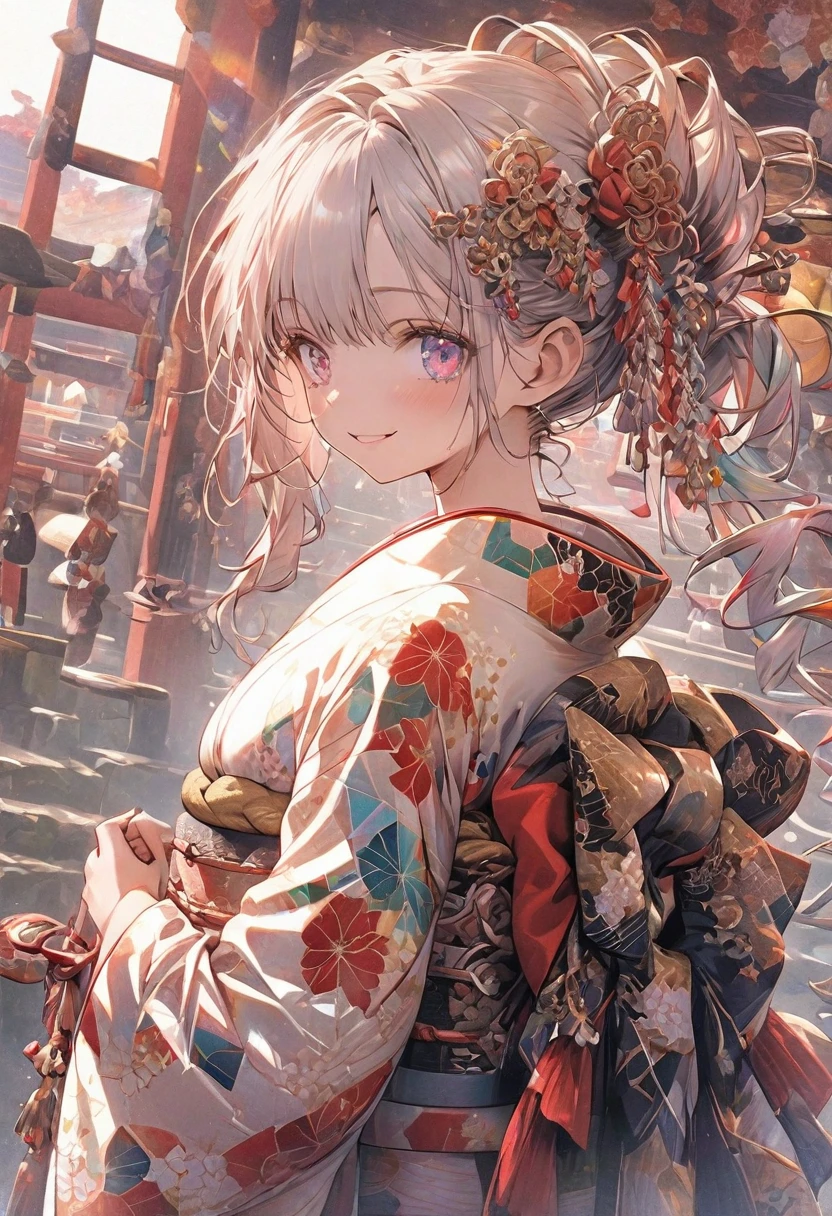 masterpiece、Rainbow Hair、Delicate eyes、smile、Delicate eyes、Hair tied up、Beautiful hair ornaments、kimono、whole body、Japanese geometric pattern background