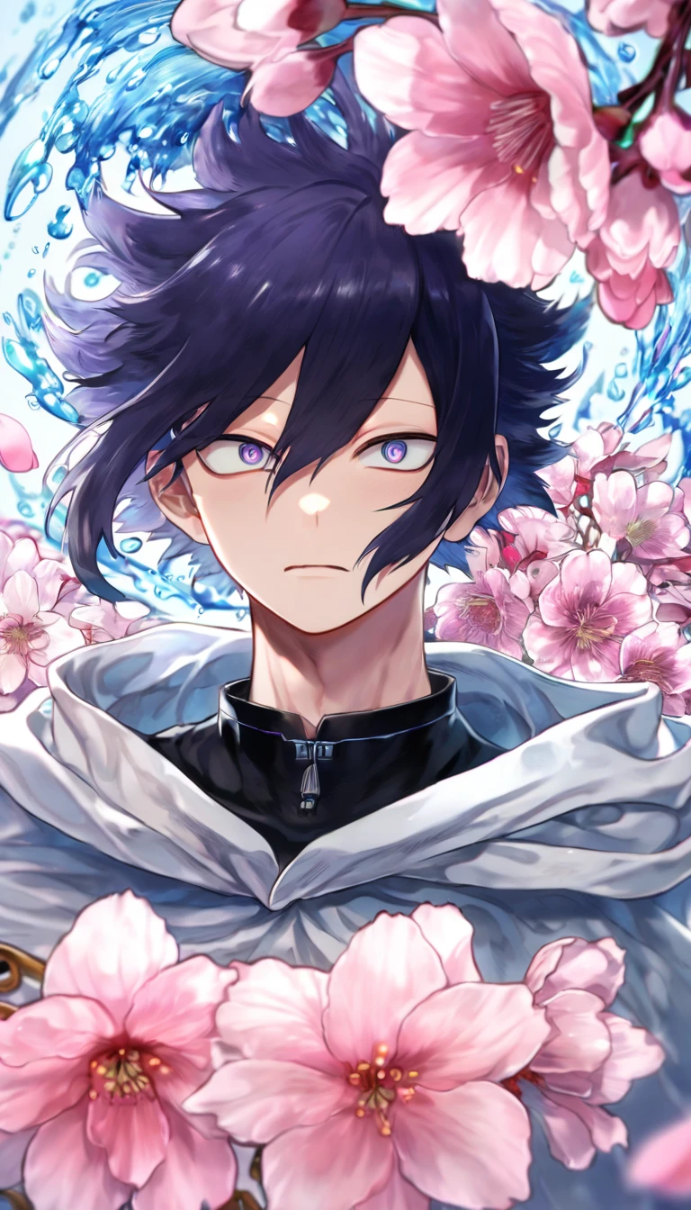 absurdres, highres, ultra detailed, HDR, master piece, Amajiki Tamaki, messy indigo hair, expressive indigo eyes, white cape with a hoddie, Boku No Hero Academia, black clothes, sexy man, handsome, best quality, blossoms, pink petals, pink flowers, water, fantasy, magical, blue shining fireflies, solo, toned chest