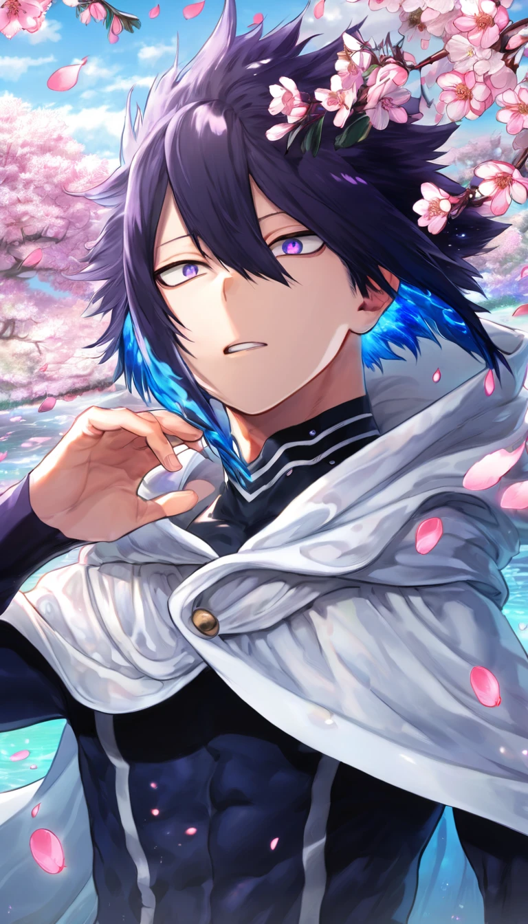 absurdres, highres, ultra detailed, HDR, master piece, Amajiki Tamaki, messy indigo hair, expressive indigo eyes, white cape with a hoddie, Boku No Hero Academia, black clothes, sexy man, handsome, best quality, blossoms, pink petals, pink flowers, water, fantasy, magical, blue shining fireflies, solo, toned chest