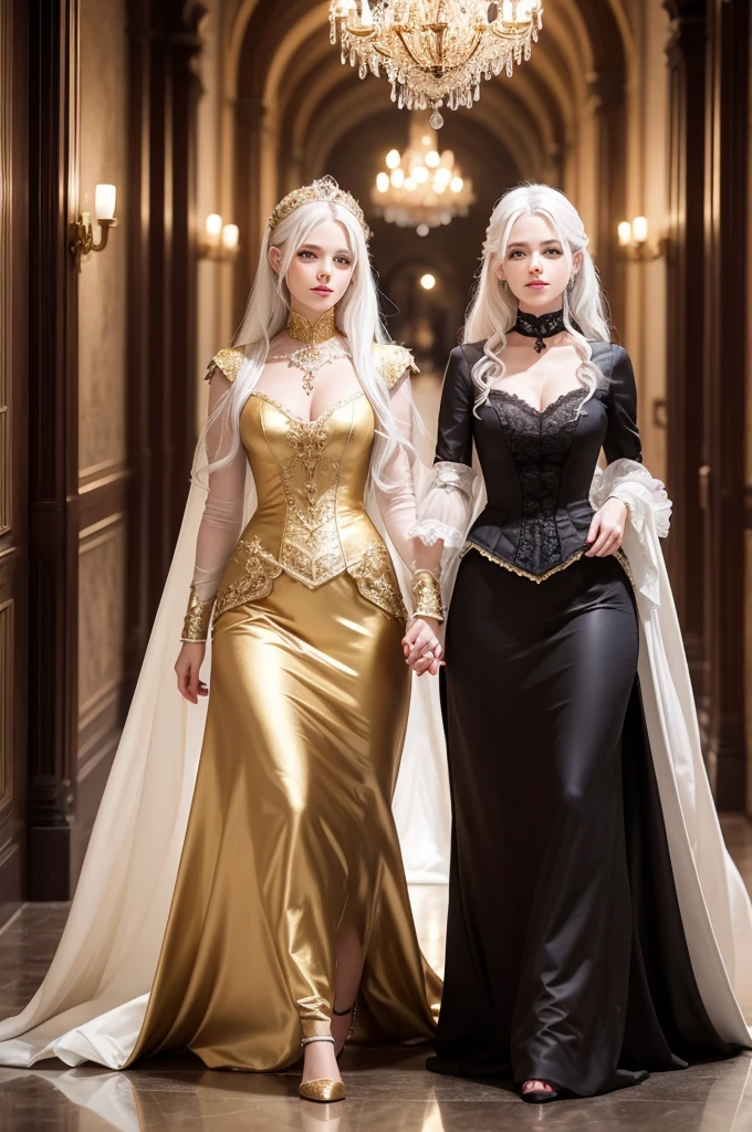 Images of two teenage twins with white hair walking in heels in a castle at night, dark evening, Well-detailed dress border with a mix of Victorian and Roman clothing.  Their skin is clear, the dresses having white colors, red and gold. The salon being luxurious, darker. Framing like a manga. Relaxed position. Long corridor. Chandeliers and candles. The twins would be in a relaxed pose. The two would be running hand in hand in a fun pose., leaning on each other while smiling.