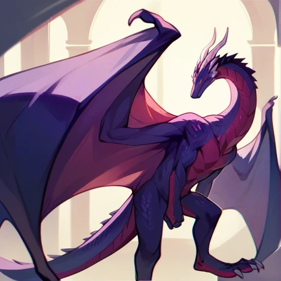 a dragon, dark purple color, long neck, and long wings, he would be thin and only have two legs, and a very long tail