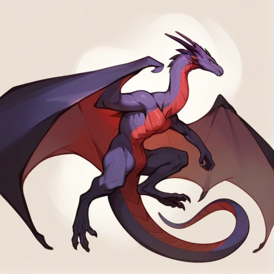 a dragon, dark purple color, long neck, and long wings, he would be thin and only have two legs, and a very long tail