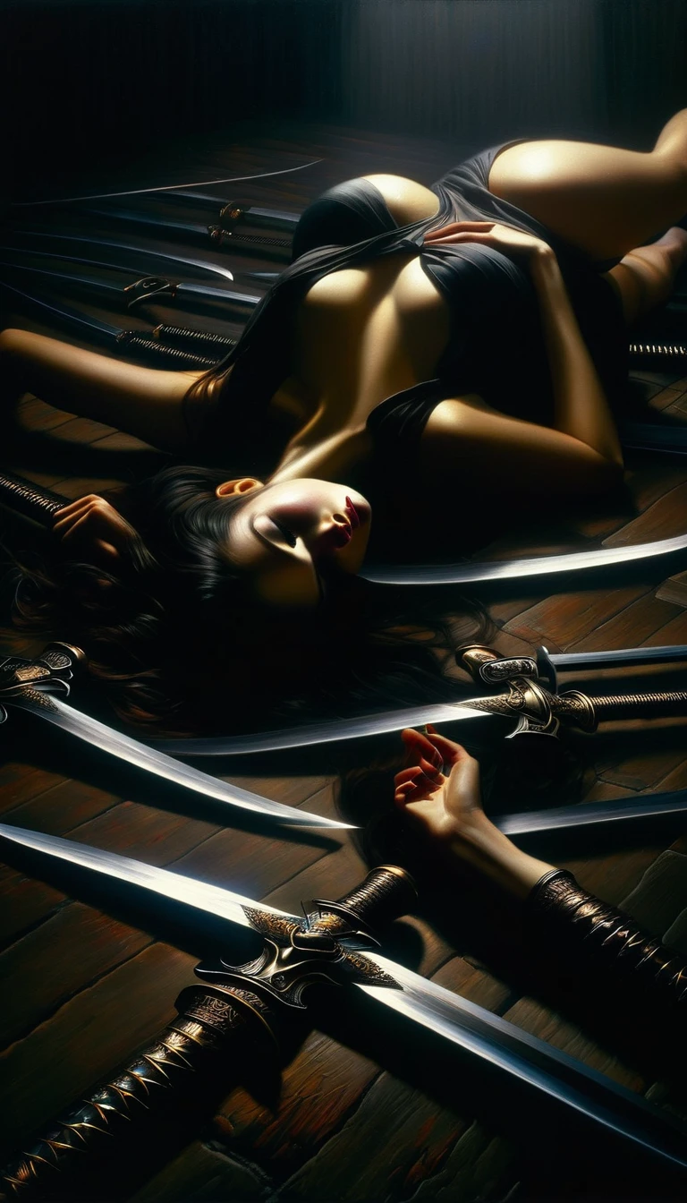 a woman laying on the ground, ten swords plunged into her body, realistic oil painting, dark and gritty atmosphere, dramatic lighting, chiaroscuro, cinematic composition, hyper-detailed, muted color palette, somber mood, masterpiece, photorealistic, high-quality, 8k, best quality