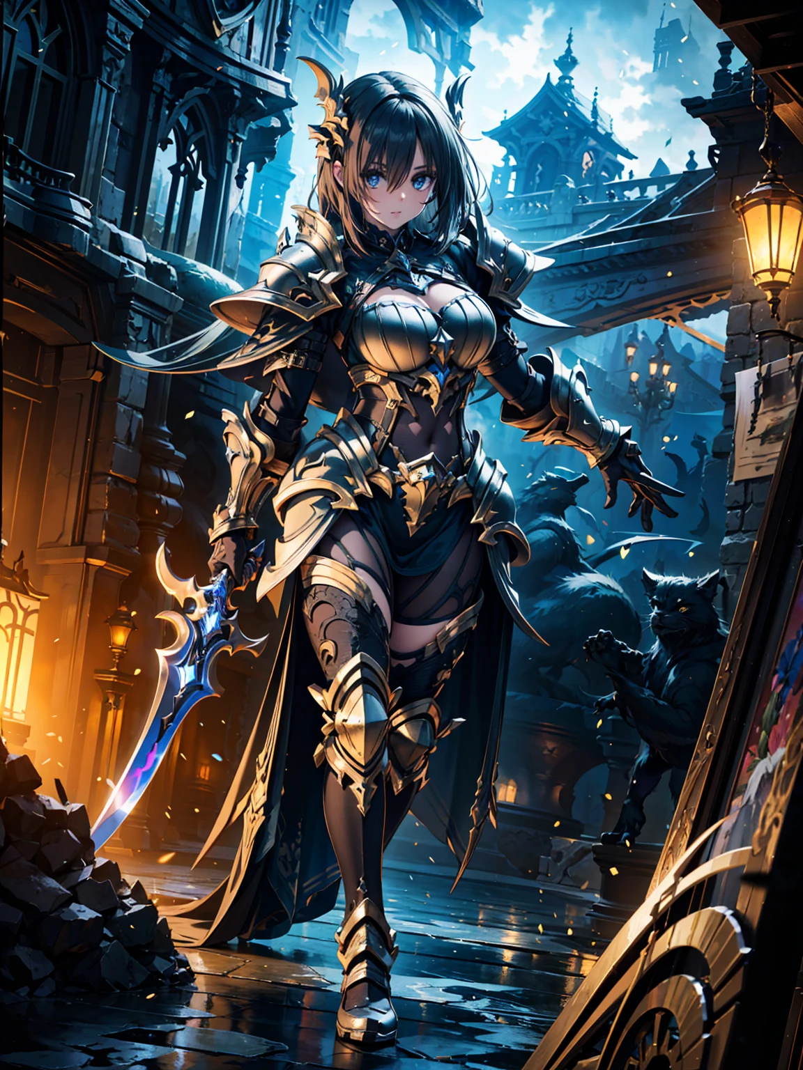 A dark and cursed female game character, wearing ornate black and gold armor, wielding a cursed blade, with dark vambraces and cursed boots, in a gloomy, atmospheric lighting, full body shot, (best quality,4k,8k,highres,masterpiece:1.2),ultra-detailed,(realistic,photorealistic,photo-realistic:1.37),HDR,UHD,studio lighting,ultra-fine painting,sharp focus,physically-based rendering,extreme detail description,professional,vivid colors,bokeh,dark fantasy,concept art