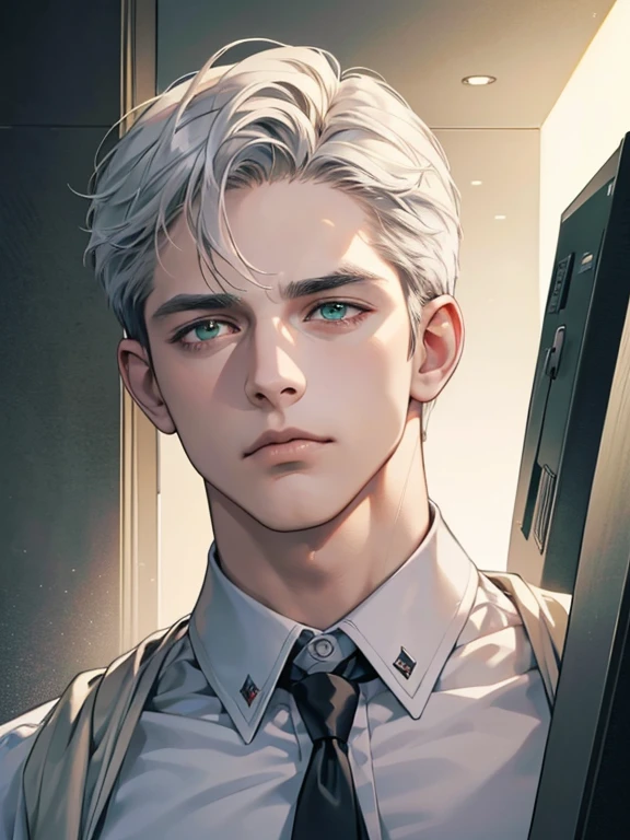 (best quality, masterpiece, 8K, photorealistic, cinematic lighting, hdr image, ultra detailed, beautiful image), 1 man, 31 years old, mature man, very handsome, (without expression, serious), short white hair, green eyes ( penetrating gaze), imposing posture, businessman, office background